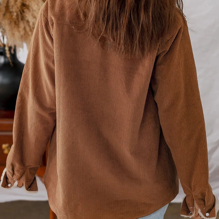 Cinnamon Fleece Lined Buttoned Flap Pockets Corduroy Jacket
