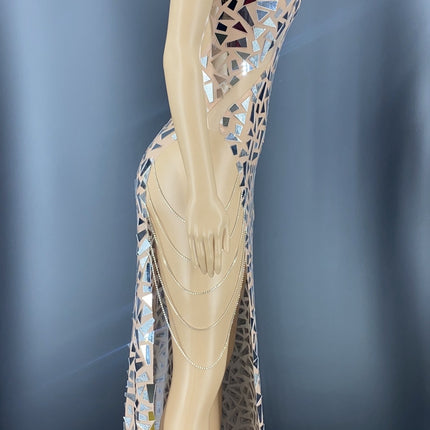 Shining Mirrors Sexy Sleeveless Backless Party Dress With Neck High Slit