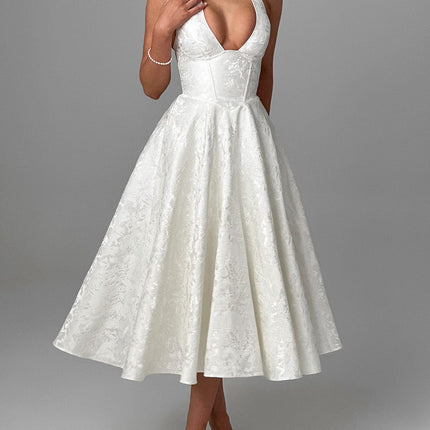 Elegant V-Neck Halter Floral Jacquard Evening Dress - Backless Sleeveless A-Line Gown With Waist Accent For Women