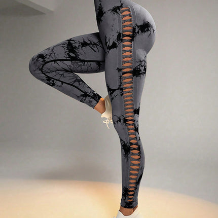 Cut Out Side Hollow Tie Dyed Yoga Pants, High Waist And Hip Lifting Fitness Pants With Side Hollow Seamless Sports Tights, Workout Gym Yoga Pants Scrunch Butt Lift Tights