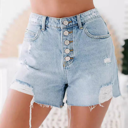 Fashion Casual Ordinary Water Washed Hole Raw Edge Denim Shorts