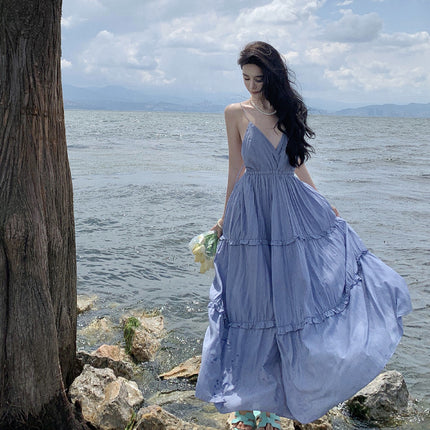 New Sexy Backless Stitching Ruffled Slim Fit Large Swing V-neck Dress