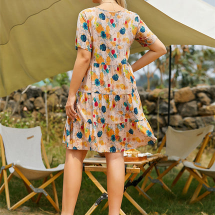 Casual Round Neck Short-sleeved Printed Multi-layer Splicing Large Hem Dress