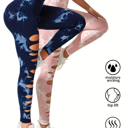 2 Pack Hollow Sexy High Elastic Women's Tie Dye Cutout Tights High Waist Workout Yoga Leggings, Scrunch Butt Lifting Elastic Pants, Tummy Control Butt Lifting Workout Yoga Athletic Pants