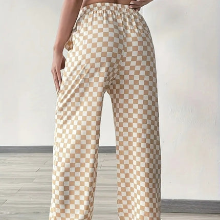 Ladies' Checkerboard Printed Drawstring High Waisted Wide Leg Pants