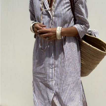Striped Shirt Dress With Belt Fashion Half-sleeved Lapel Button Cardigan Dresses Women's Clothing