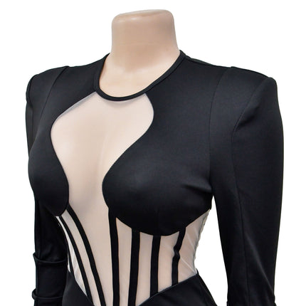 Fashion Women Pure Color Mesh Sheer Long Sleeve Dress