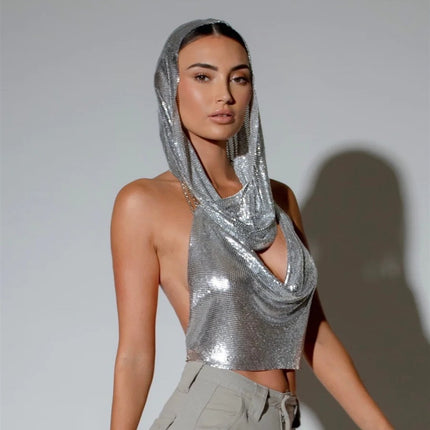 Back Slit Metal Sequins Top Scarf Two-piece Set