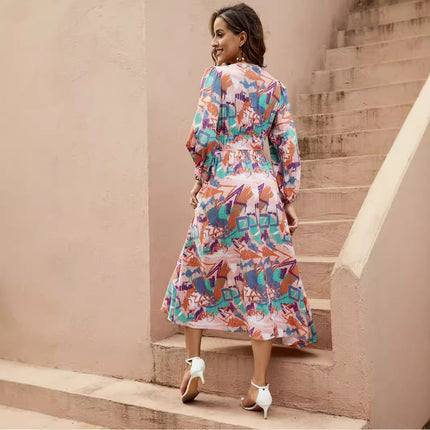 Europe And America Cross Border Women's Multi-color Irregular Geometric Printing Deep V Girdle Lantern Long Sleeve Large Swing Dress