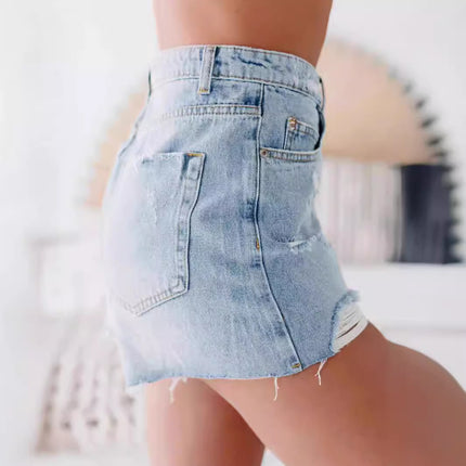 Fashion Casual Ordinary Water Washed Hole Raw Edge Denim Shorts