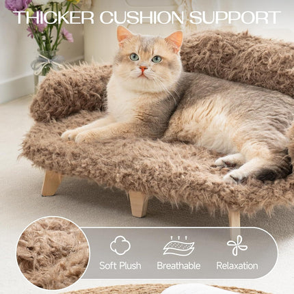MEWOOFUN Elevated Cat Bed With Washable Cover - 26x18.3x8.5 Inch Wooden Pet Sofa For Cats & Small Medium Dogs, Modern Pet Furniture Brown