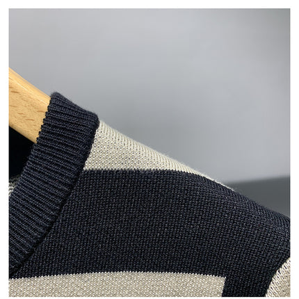 Men's New Fashion Versatile Geometric Jacquard Sweater Half Sleeve Round Neck
