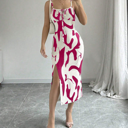 Summer Printed Suspender Split Dress Fashion Slim Lace-up Long Dresses For Women Clothing