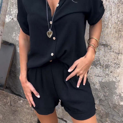 Short-sleeved Suits Fashion Lapel Button Shirt Top And Pocket Shorts Women's Clothing