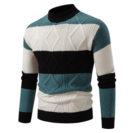 Fall Winter Men Color Matching Rhombus Twisted Sweater
