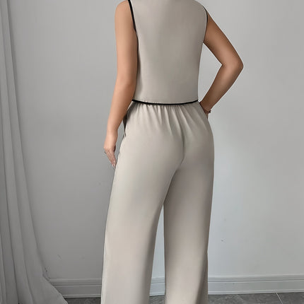 Shirt With Bow Tie Beige Wide Leg Pants Suit