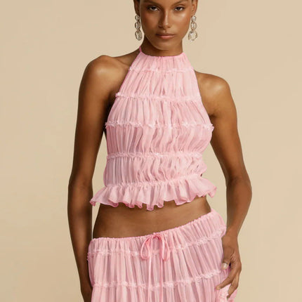 2pcs Women's Dress Suit Sexy Sleeveless Backless Cropped Halter Top And Pleated Long Skirt Beach Clothing