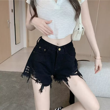 Micro Elastic High Waist Slimming Holes Frayed Vintage Denim Shorts