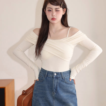 Slimming And Slimming One Shoulder Top, Sticky And Long Sleeved T