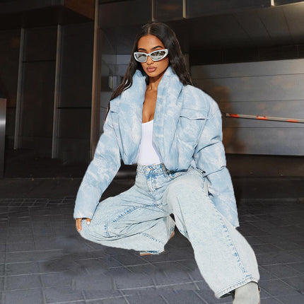 Quilted Scarf Stand Collar Pocket Long Sleeve Blooming Color Matching Short Cotton-padded Coat Coat For Women