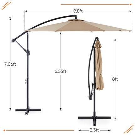 9.8FT Offset Patio Umbrella Hanging Cantilever Umbrella Outdoor Sun Shade With Easy Tilt Adjustment, 8 Ribs, UV Protection For Backyard, Lawn