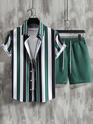 Striped Contrast Color 3D Printing Vacation Shirt Shorts 2 Pieces Suit