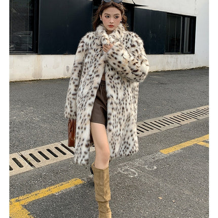 Leopard-print Fur And Lapel Fur Coat For Women