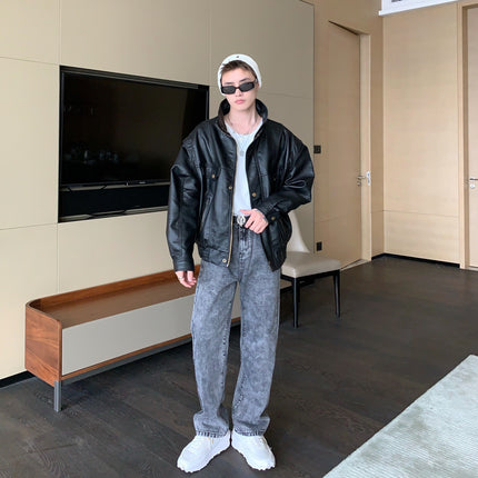 Men's Lychee Leather Retro Motorcycle Leather Jacket