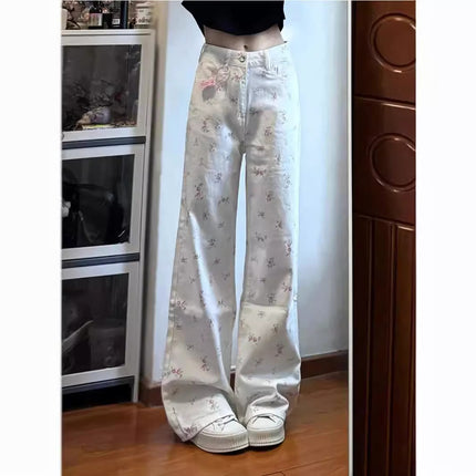 White Floral Slimming Loose Wide-leg Pants