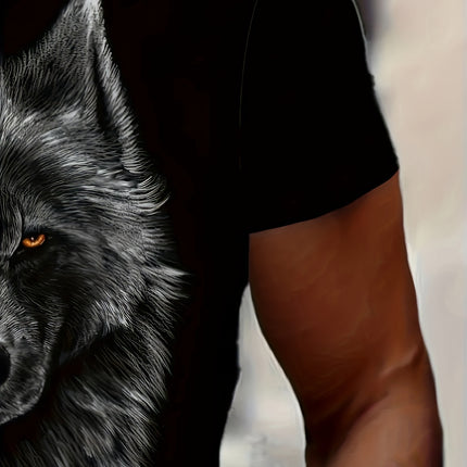 3D Digital Cool Wolf Contrast Color Eye Pattern Round Neck T-shirt, Men's Summer Outdoor Activity Fashion Top