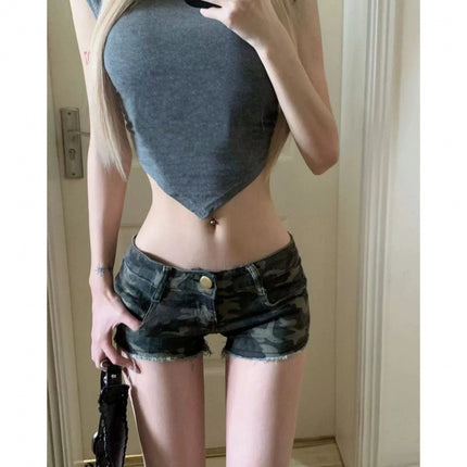 American Retro Washed Single Button Denim Shorts