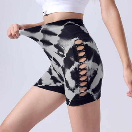 Women's Tie-dye Side Bow Hollow High Waist Hip Lifting Sports Fitness Yoga Shorts, Shorts For Women High Waist Tie Dye Workout Yoga Gym Scrunch Butt Lifting Cycling Biker Shorts