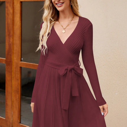 Women's Wrap A-Line Knit Dress Long Sleeve