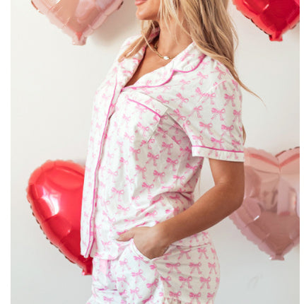 Short Sleeved And Pleated Shorts Pajama Set