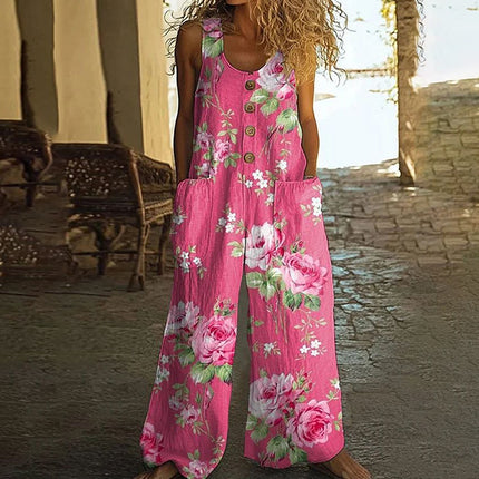 Women's Vintage Floral Jumpsuit - Sleeveless Button Front Romper With Pockets, Casual Loose Fit Long Pants Jumper