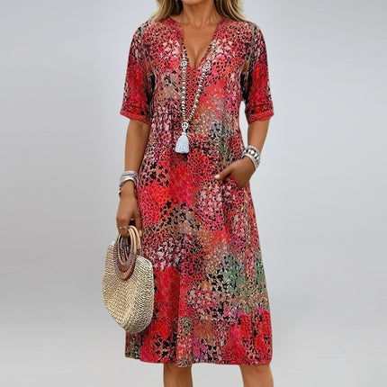 Summer V-neck Half-sleeved Dress With Pockets Fashion Ethnic Print Dresses Beach Holiday Clothing For Women
