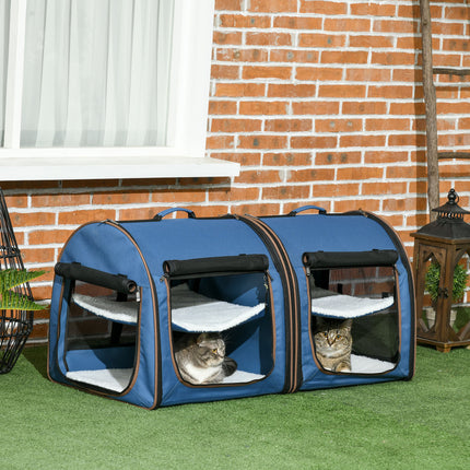 Portable Twin Compartment Show House Cat Cage 39  Soft-Sided Pet Kennel With Soft Cushions  Storage Bag Blue