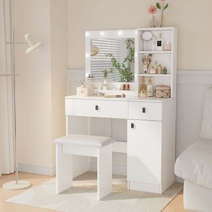 Kaptafel Met Ligte, Kaptafelstel Met Spieël, Grimeerkaptafel Met Groot Laaie Drievlak-Opbergkas, Kaptafels Met 3 Ligte Helderheidsverstelbaar Vir Slaapkamer, Wit