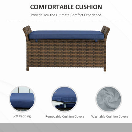 Outdoor Patio Wicker Storage Bench, 2-In-1 Rattan Patio Furniture, 29 Gal Storage Box w/ Cushion, Dark Blue