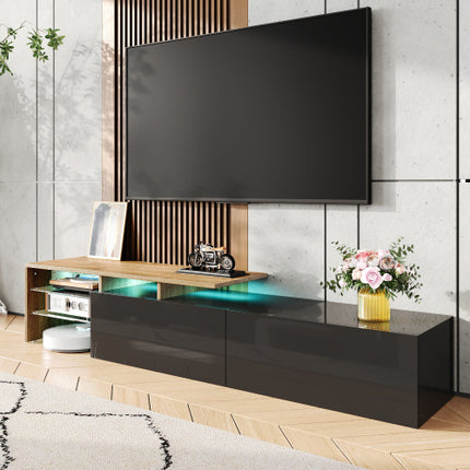 Moderne TV-Kabinetsontwerp Stylvol en Elegant, Praktiese Bergingsruimte, Swart en Hout Voorkoms, Glasrakke, LED-Beligting