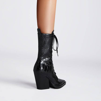 Retro Pointed Stone Pattern Chunky Heel Simple Lace High Heels Fashion Boots