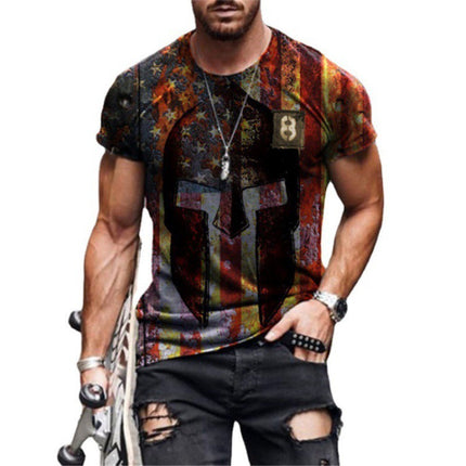 Star Flag Print Retro Round Neck Pullover Short Sleeves