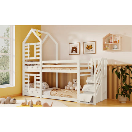 Stapelbedberging Kinderkajuitbed Enkelbed Met Venster Vir Kinders, Dubbelslaper 190x90 Cm, Soliede Dennehout, 3VT - Wit
