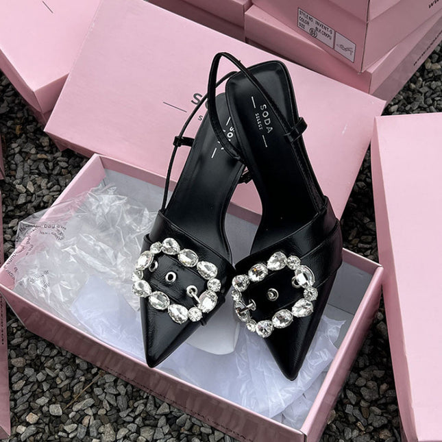 Fairy Mint Man Rhinestone Buckle Closed Toe Sandals Women's Stiletto Heel High Heel Shoes