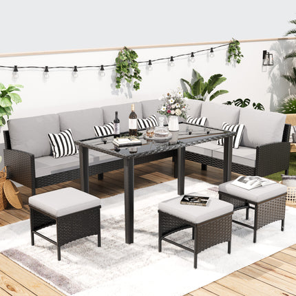 Kleinruimte-stoepmeubels 7-delige buitemeubelstel, agterplaasmeubelstel, waterdigte sitkussing, glastafel, spasiebesparend, geskik vir agterplaas, terras of tuin, grys