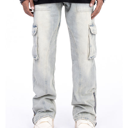 American Style Autumn And Winter Washed And Made Old Micro Elastic Jeans With Zipper Design At The Hem For Casual Pants