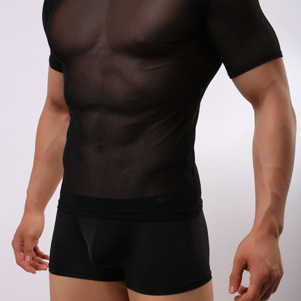 Men's Solid Color Sexy Mesh Transparent Short-sleeved T-shirt