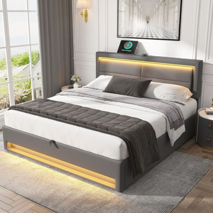 Gestoffeerde Bed 150 X 200 Cm, King Size Bed-5vt, met USB-poort Ondersteun Draadloos en Bedrade Laai, met LED-beligting en Bergingspasie, Sonder Matras, PU-litjiepatroon, Grys