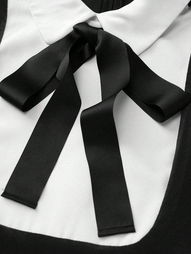 Women's Contrast Collar Maid Style Long Sleeve Short Dress