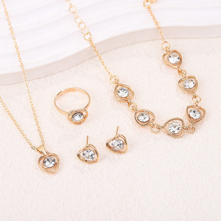 Kristalhart-sieradestel in Europese en Amerikaanse styl - halssnoer, oorbelle, ring en armband (vierdelige stel)
